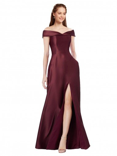 Shop Long Off the Shoulder Formal Satin Bridesmaid Dress / Prom Dress with Thigh-high Slit Sydney