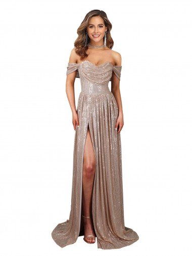 Shop Strapless Scoop Neck Off the Shoulder Long Formal Sequin Bridesmaid Dress / Prom Dress with High Slit Sydney