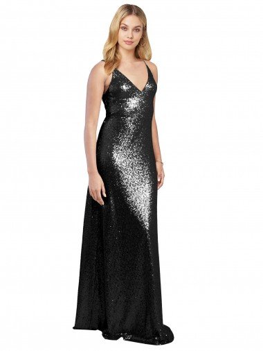 Shop Full Length A-Line Formal Sequin Bridesmaid Dress / Prom Dress with Spaghetti Straps V-Neckline Sydney