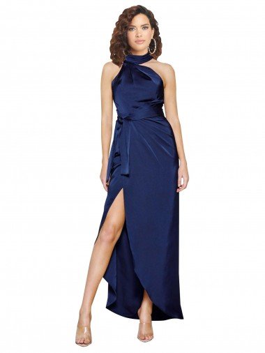 Shop Full Length High Neck Wrap Formal Silky Satin Bridesmaid Dress / Prom Dress with Waist Tie Sydney