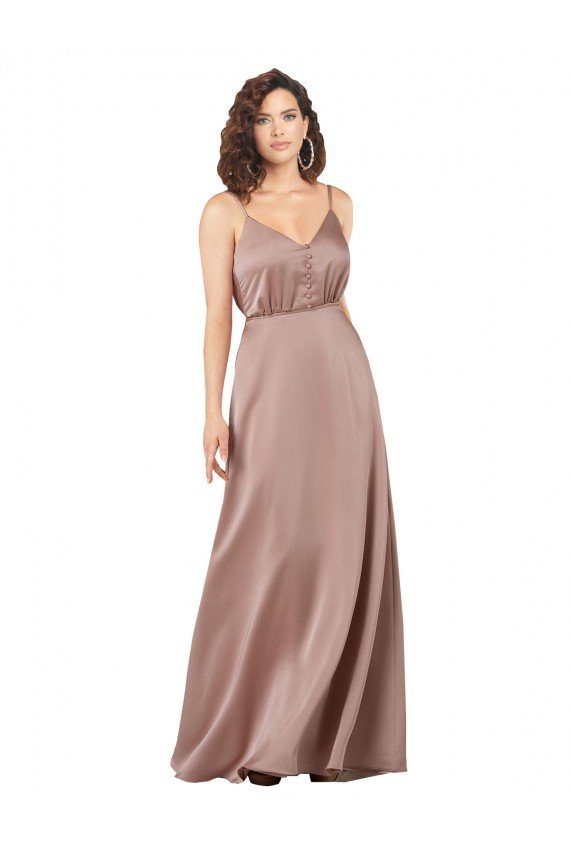 Subtle V-Neckline Formal Silky Satin Bridesmaid Dress with Front Button Detail