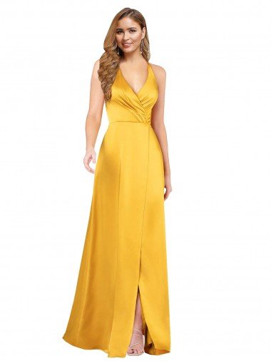 Shop Halter A-Line Formal Silky Satin Bridesmaid Dress / Prom Dress with V-Neckline and Slit Sydney