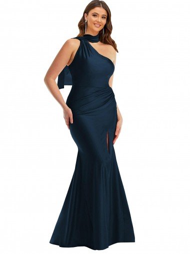 Shop Scarf Neck One Shoulder Formal Silky Satin Mermaid Bridesmaid Dress / Prom Dress with Front Slit Sydney