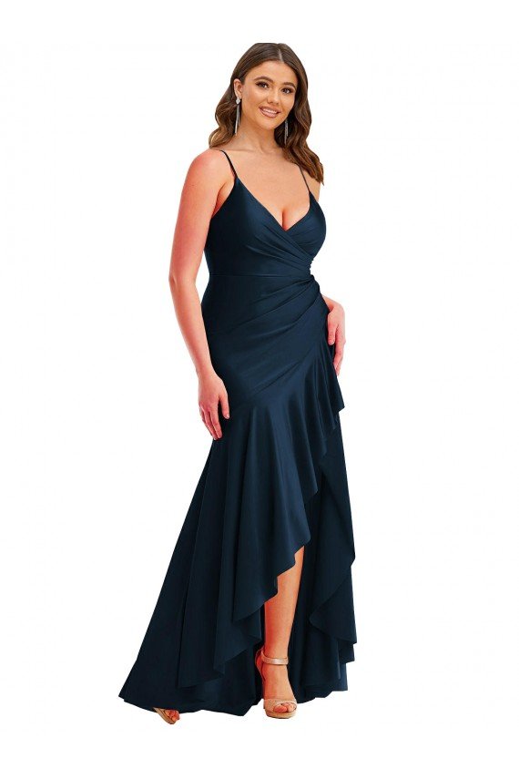 Pleated Wrap Ruffled High Low Formal Silky Satin Bridesmaid Dress / Prom Dress