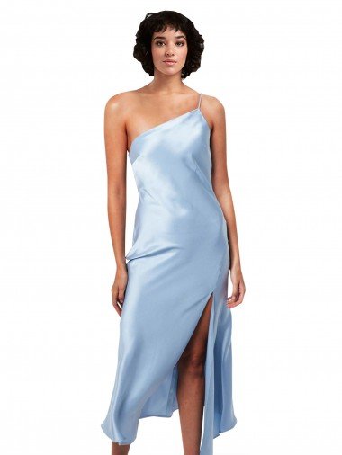 Shop Midi Length Short Formal Silky Satin Bridesmaid Dress / Cocktail Prom Dress with Asymmetric Neckline and High Side Split Sydney