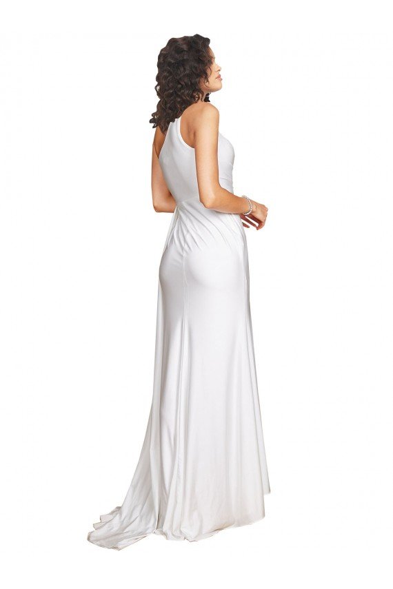 One Shoulder Floor Length Silky Satin Wedding Dress with Side Slit