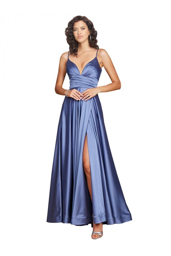 Deep V-Neck Sweetheart Long Formal Silky Satin Bridesmaid Dress / Prom Dress with Thigh High Slit