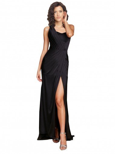 Shop Full Length One Shoulder Ruffled Long Formal Silky Satin Bridesmaid Dress / Prom Dress with High Slit Sydney