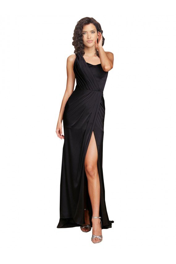 Full Length One Shoulder Ruffled Long Formal Silky Satin Bridesmaid Dress / Prom Dress with High Slit