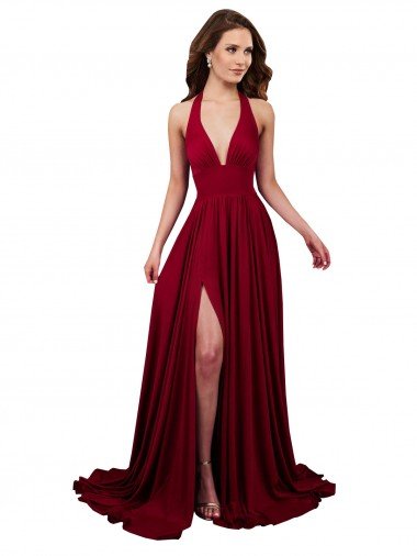 Shop A-Line Halter Plunge V-Neckline Open Back Formal Spandex Bridesmaid Dress / Prom Dress with Slit Sydney