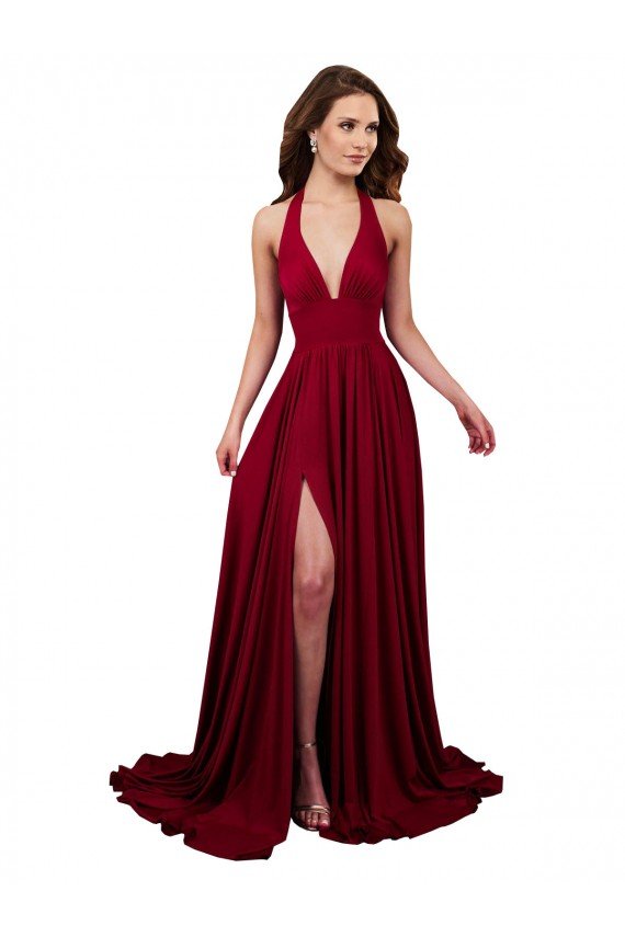 A-Line Halter Plunge V-Neckline Open Back Formal Spandex Bridesmaid Dress / Prom Dress with Slit