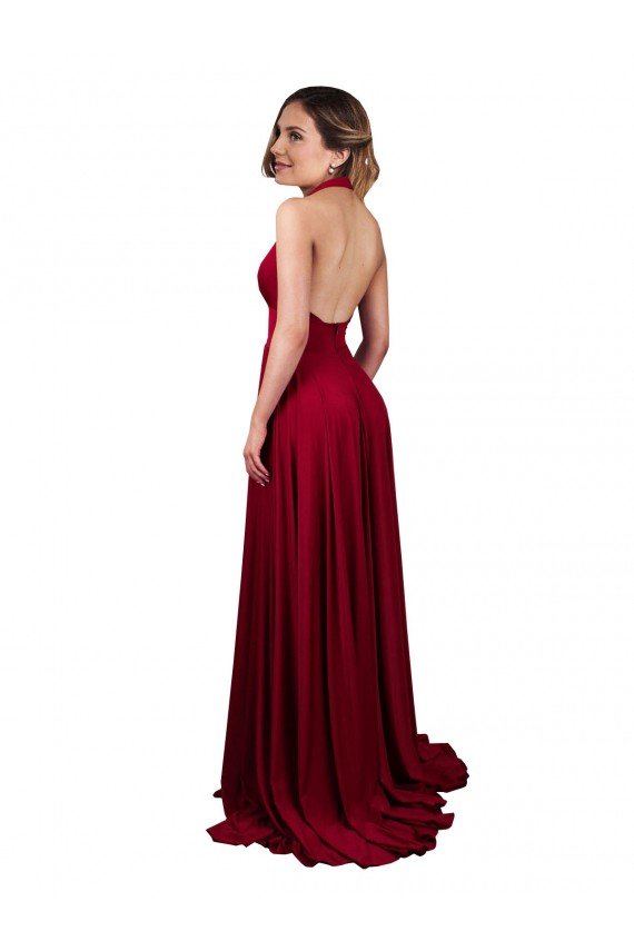 A-Line Halter Plunge V-Neckline Open Back Formal Spandex Bridesmaid Dress / Prom Dress with Slit