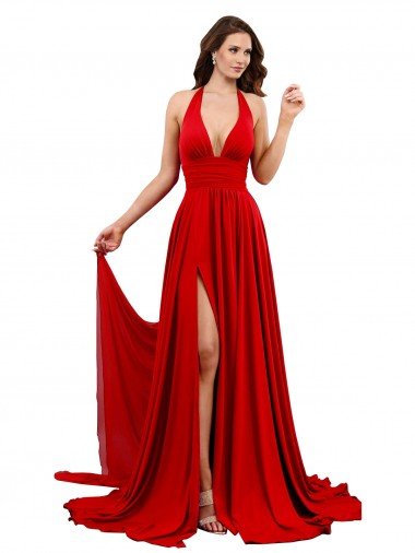 Shop High Slit A-Line Halter Long Formal Spandex Bridesmaid Dress / Prom Dress Open Back Sydney