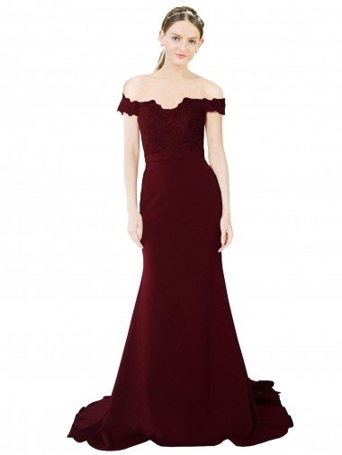 Shop Full Length Off the Shoulder Formal Crepe Bridesmaid Dress / Prom Dress with Lace On Bodice and Back Sydney