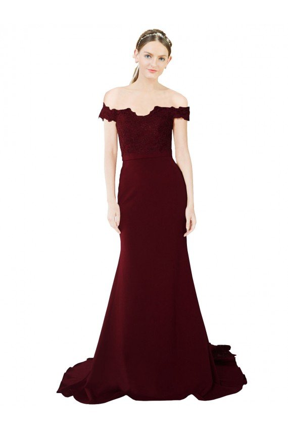 Full Length Off the Shoulder Formal Crepe Bridesmaid Dress / Prom Dress with Lace On Bodice and Back