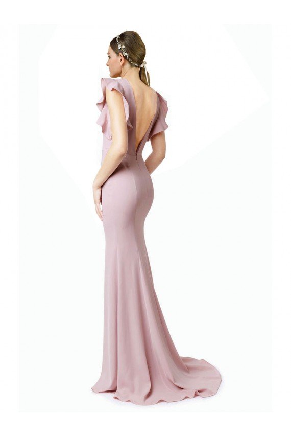 Low V-Back Long Mermaid Crepe Bridesmaid Dress / Prom Dress with Ruffled Sleeves