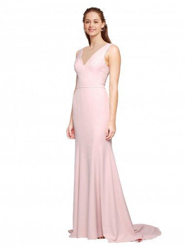 Shop Deep V-Neckline and Back Long Sweep Train Crepe Bridesmaid Dress / Prom Dress with Shoulder Straps Sydney