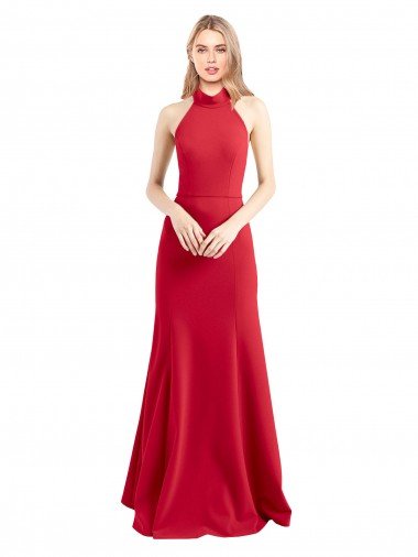 Shop Sleek Fit and Flare High Neck Halter Stretch Formal Crepe Bridesmaid Dress / Prom Dress with Open Back Sydney