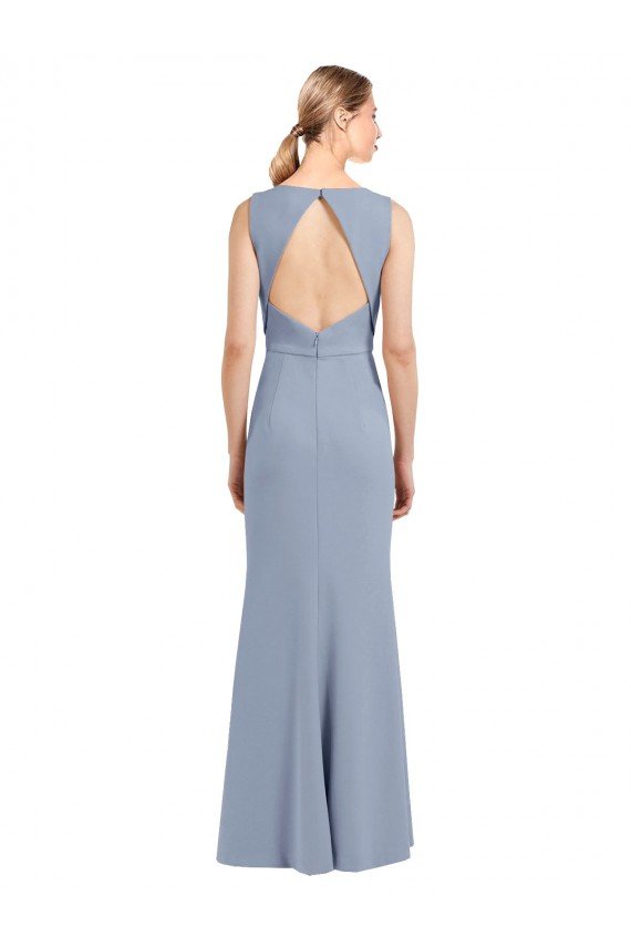 Boat Neckline and Sleek Fit and Flare Crepe Bridesmaid Dress with Keyhole Back