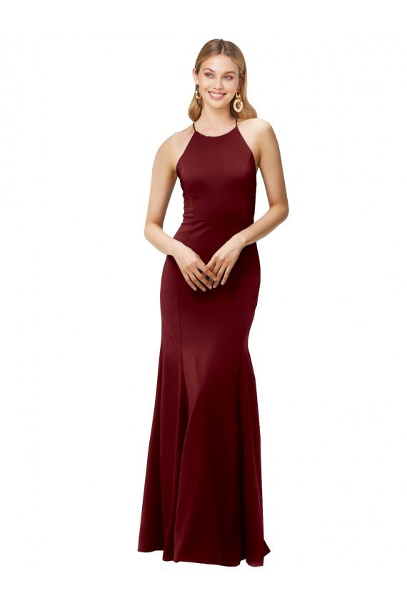 Fit and Flare Halter Neckline Stretch Formal Crepe Bridesmaid Dress / Prom Dress with Strappy Back