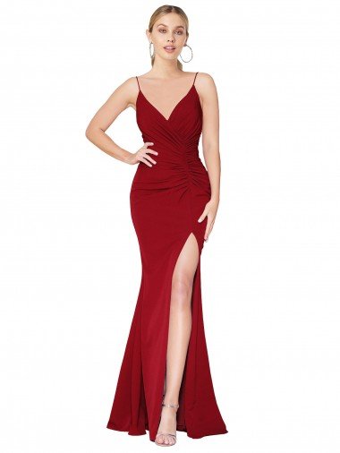 Shop Spaghetti Straps V-Neck Long Formal Crepe Dress with High Slit Sydney