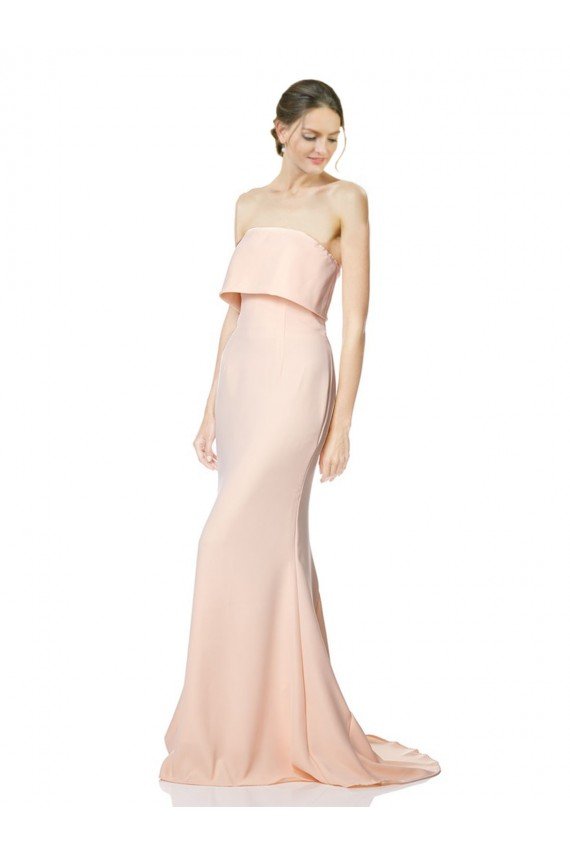 High Neck Strapless Long Formal Crepe Maxi Bridesmaid Dress / Prom Dress with Overlay