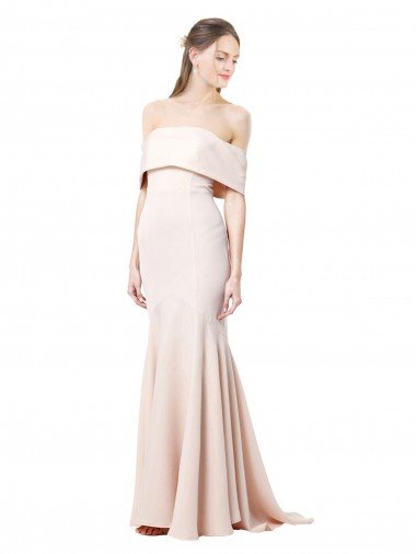 Shop Mermaid Bardot Maxi Formal Crepe Bridesmiad Dress with Fishtail Train Sydney