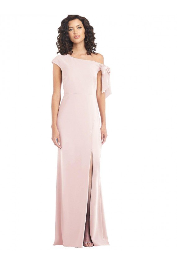 Off the Shoulder Tie Detail Trumpet Formal Crepe Bridesmaid Dress / Prom Dress with Front Slit