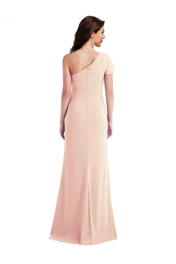 One Shoulder Cap Sleeves Trumpet Formal Crepe Bridesmaid Dress / Prom Dress with Front Slit