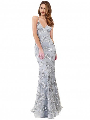 Shop Silver V-Neckline Backless Floral Patterned Sequin Formal Bridesmaid Dress / Prom Dress Sydney