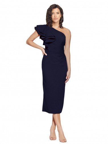 Shop Ruched Midi Length Short Cocktail Formal Crepe Bridesmaid Dress / Prom Dress with Shoulder Ruffles Sydney