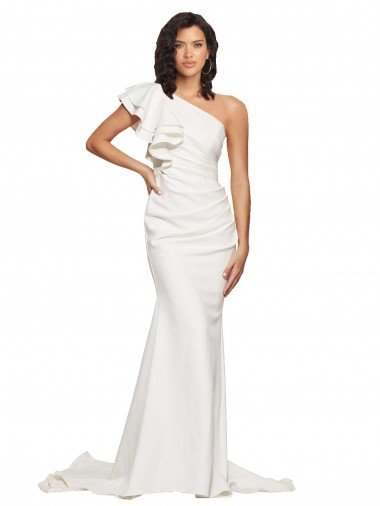 Shop Ruched Long Sweep Train Crepe Bridesmaid Dress / Prom Dress with Shoulder Ruffles Sydney