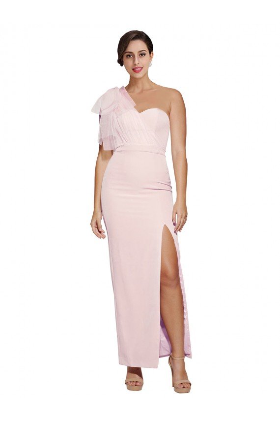 One Shoulder Tulle Overlay Sweetheart Neckline Long Formal Crepe Bridesmaid Drss with Thigh Split