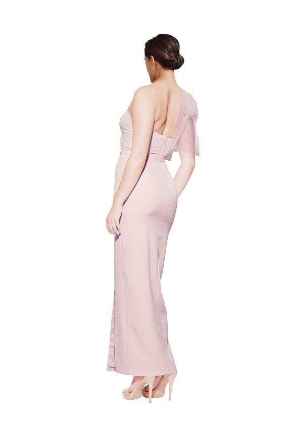 One Shoulder Tulle Overlay Sweetheart Neckline Long Formal Crepe Bridesmaid Drss with Thigh Split