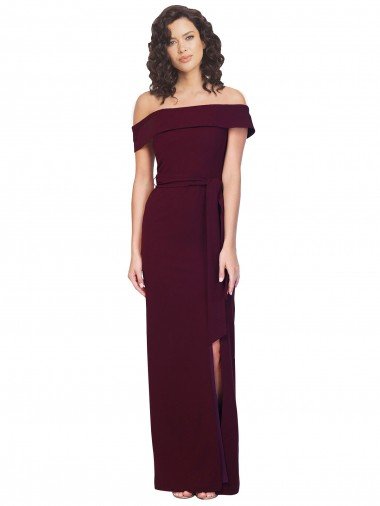 Shop Fitted Full Length Off the Shoulder Formal Crepe Bridesmaid Dress / Prom Dress with Side Split and Waist Tie Sydney