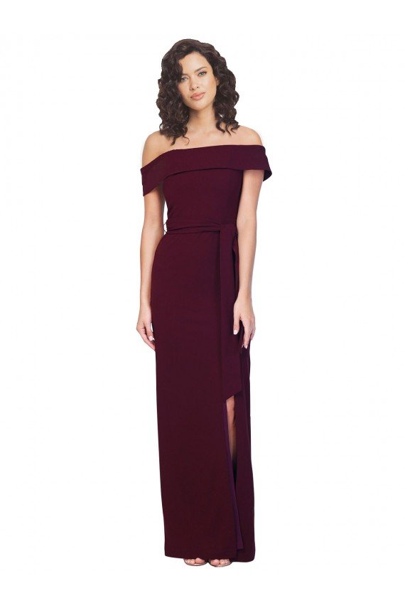 Fitted Full Length Off the Shoulder Formal Crepe Bridesmaid Dress / Prom Dress with Side Split and Waist Tie