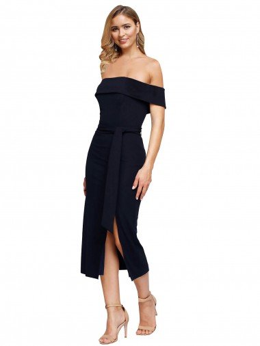 Shop Fitted Short Cocktail Midi Length Off the Shoulder Formal Crepe Bridesmaid Dress / Prom Dress with Side Split and Waist Tie Sydney