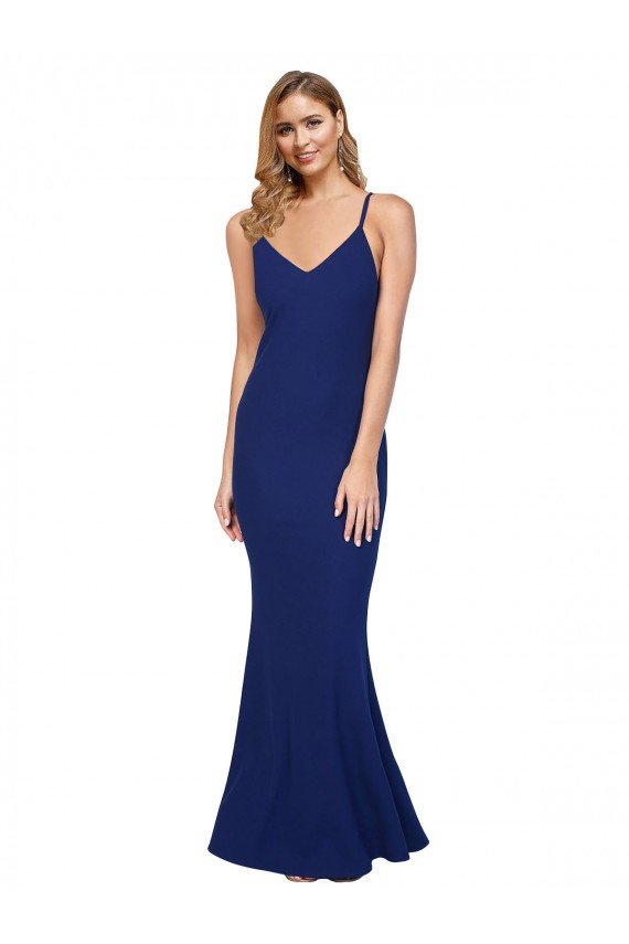 Full Length V-Neckline Formal Crepe Bridesmaid Dress / Prom Dress with Thin Straps and Fulted Skirt