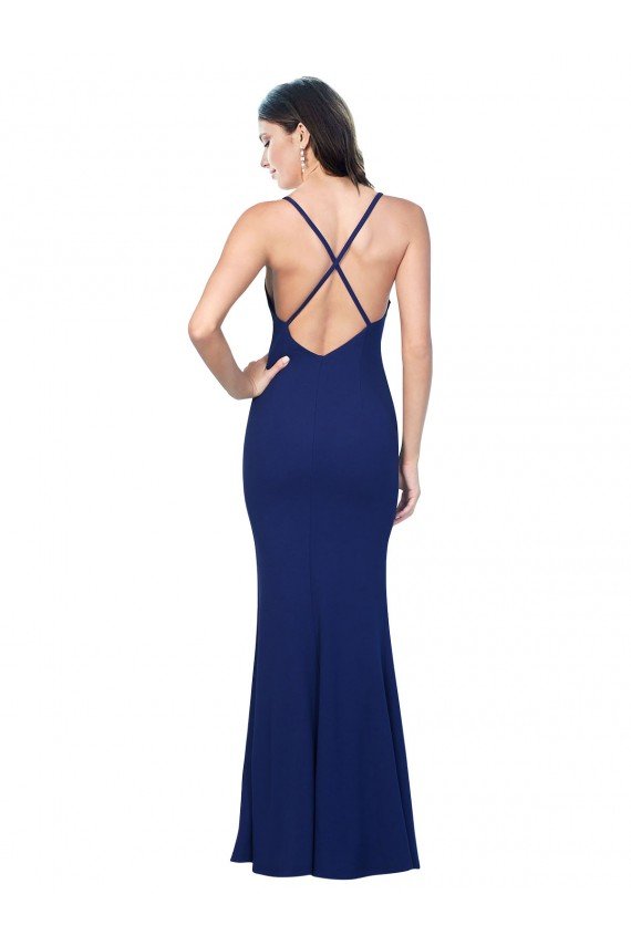 Full Length V-Neckline Formal Crepe Bridesmaid Dress / Prom Dress with Thin Straps and Fulted Skirt