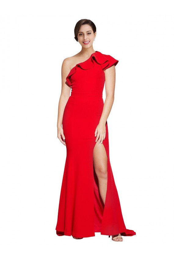 One Shoulder Long Sweep Train Crepe Bridesmaid Dress / Prom Dress with Thigh High Split