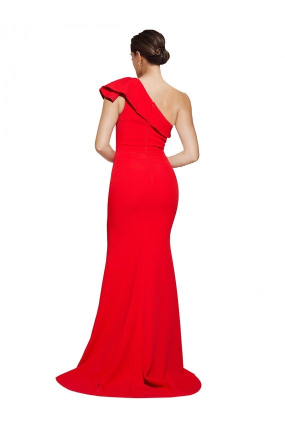 One Shoulder Long Sweep Train Crepe Bridesmaid Dress / Prom Dress with Thigh High Split