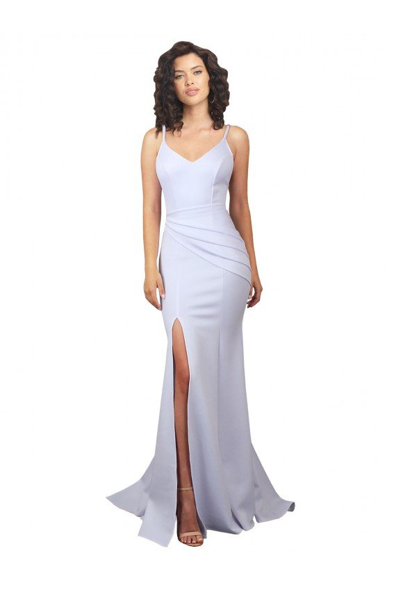 Simple Mermaid V-Neck Long Crepe Beach Wedding Dress with Right Slit