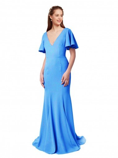 Shop Short Sleeves Long V-Neck Crepe Bridesmaid Dress / Prom Dress with V-Back Sydney