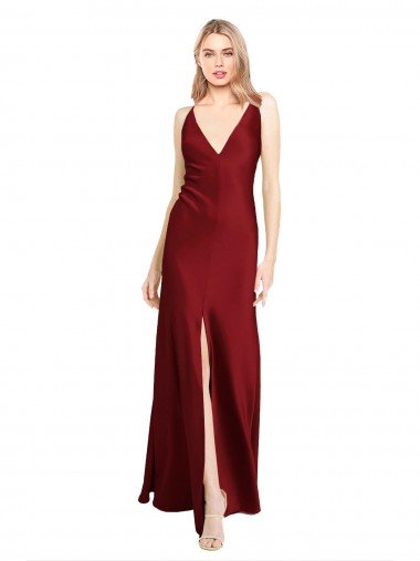 Shop Floor Length Deep V-Back Formal Stretch Satin Bridesmaid Dress / Prom Dress with Front Slit Sydney