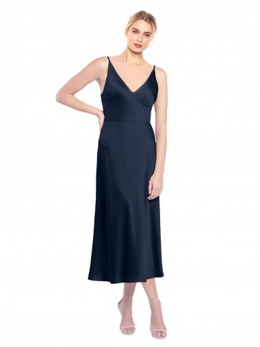 Shop V-Neck Midi Length Short Cocktail Formal Stretch Satin Bridesmaid Dress / Prom Dress V-Back Sydney