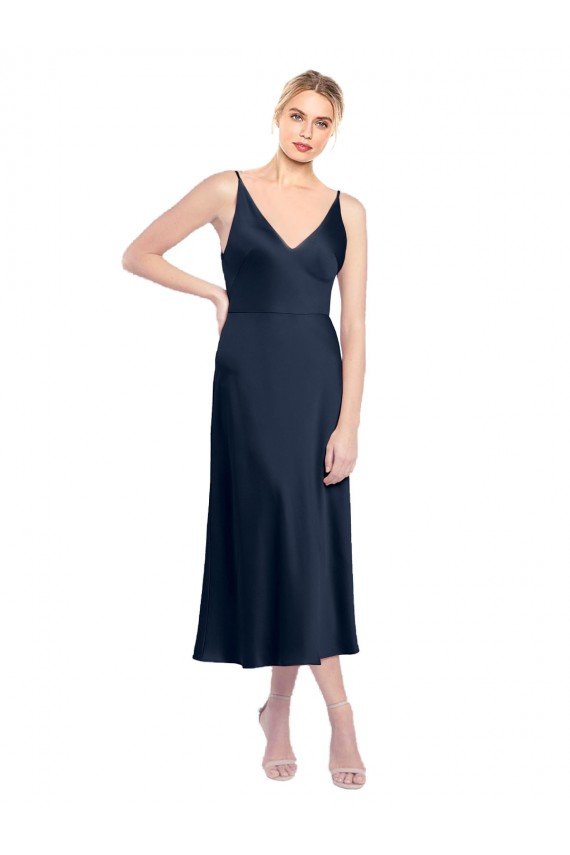 V-Neck Midi Length Short Cocktail Formal Stretch Satin Bridesmaid Dress / Prom Dress V-Back