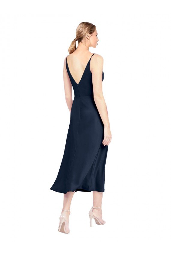 V-Neck Midi Length Short Cocktail Formal Stretch Satin Bridesmaid Dress / Prom Dress V-Back