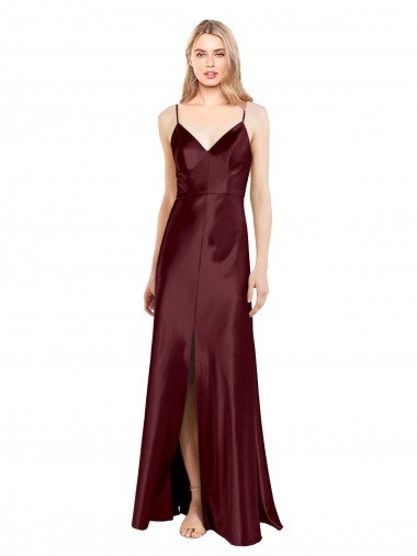 Shop Sleek Spaghetti Straps V-Neck Formal Stretch Satin Bridesmaid Dress / Prom Dress with Center Front Slit Sydney