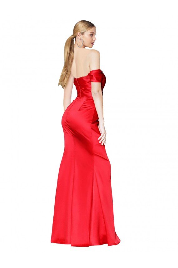 High Neck Off the Shoulder Formal Stretch Satin Bridesmaid Dress / Prom Dress with High Slit