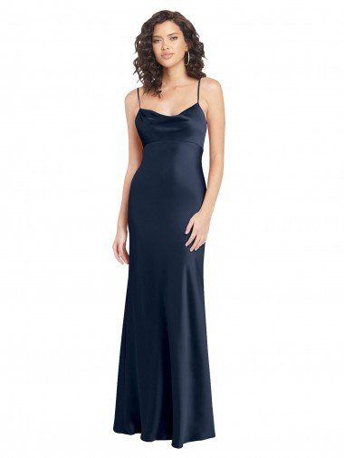 Shop Cowl Neck Long Empire Waist Formal Stretch Satin Bridesmaid Dress with Open Back Sydney